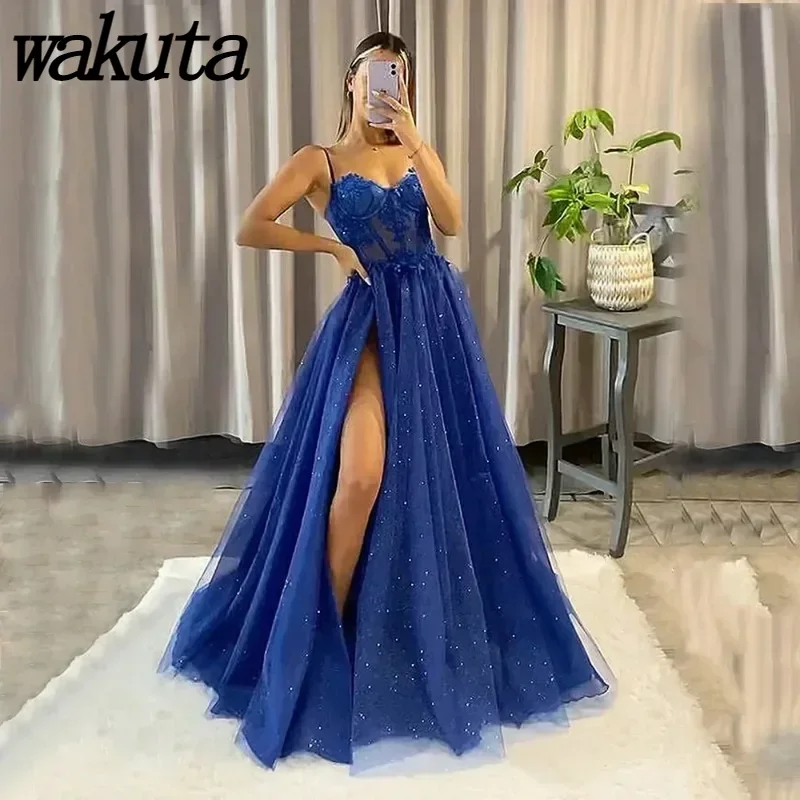 

Wakuta Lace Applique Evening Dress A-Line Sleeveless Prom Dress Spaghetti Strap Ball Gown Dresses vestidos elegantes para mujer