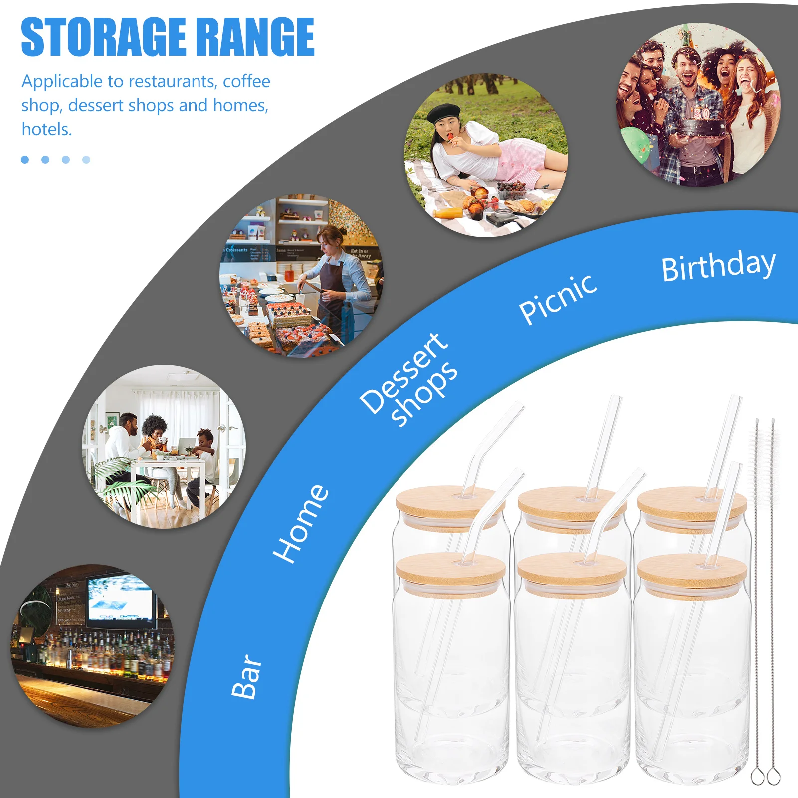 

16OZ Glass Water Cup Set 4 Cups 4 Lids 2 Straight 2 Bent Straws Reusable Juicing Bottles Wooden Cover Straw Clean Hygienic Beer