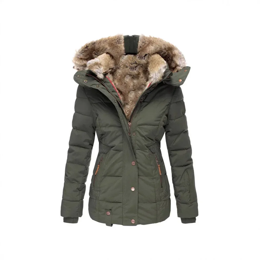 

New Winter Warm Cotton Jacket Women's Slim Fit Long Sleeve Hooded Coat with Fur Fashionable Outerwear