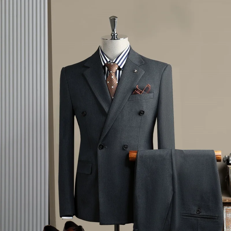 

Man 2-piece Suit Set British Style Striped Double-breasted Long Sleeve Blazer Male Straight-leg Pant Men Wedding Office Outfit