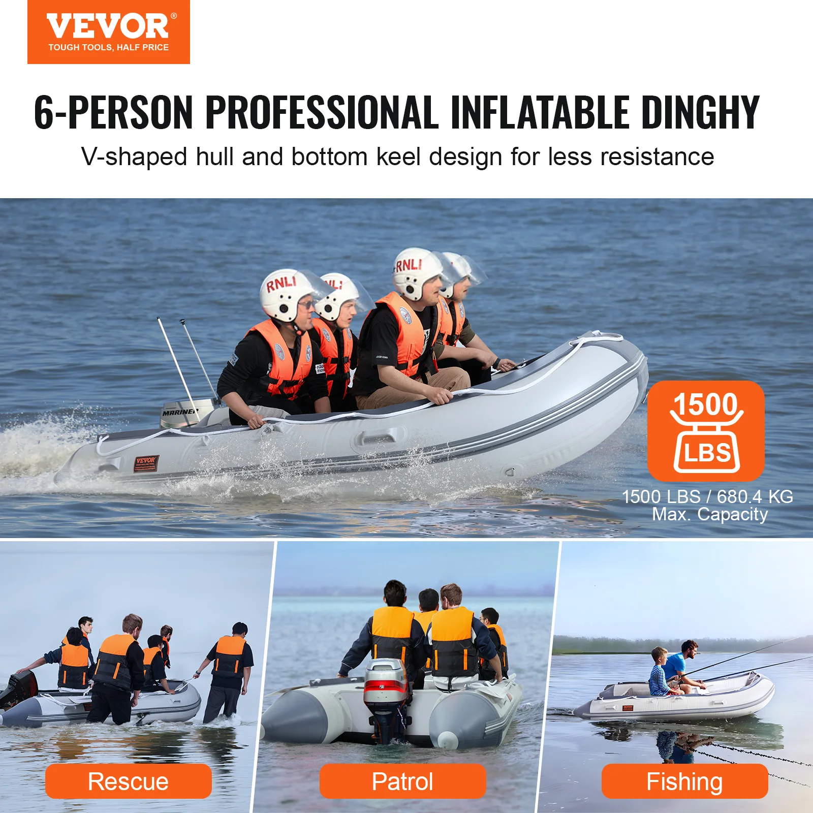 VEVOR Inflatable Dinghy Boat, 6-Person Transom Sport Tender Boat, with Marine Wood Floor and Adjustable Aluminum Bench, 1500 lbs