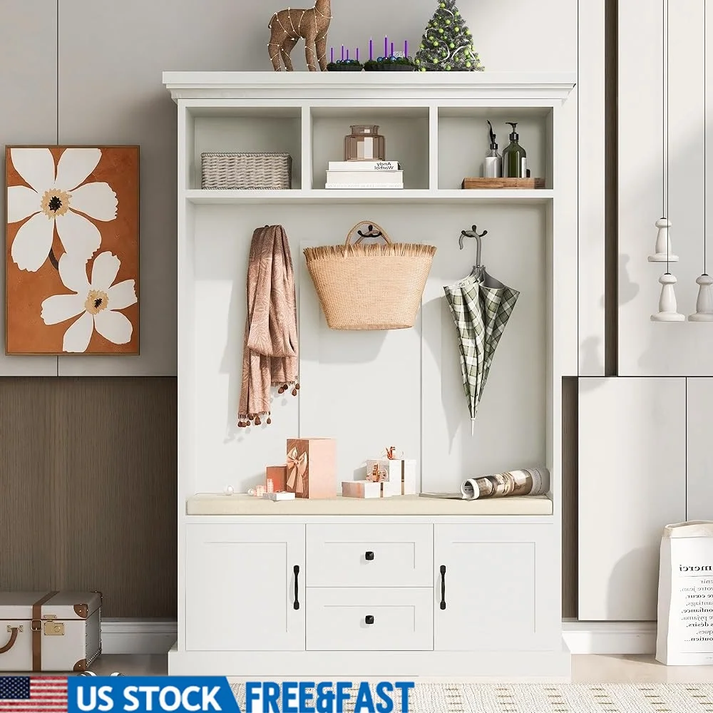 

Entryway Hall Tree with Coat Rack Bench Storage Hooks Cubbies Cushioned Seating Anti-Tipping Easy Assembly