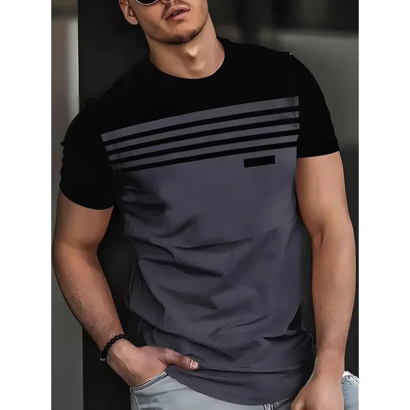 3D Digital Print Men Crew Neck Short Sleeve Tee Contrast Shoulder Stripe Splice Casual T Shirt 2026 Fashion Summer Top