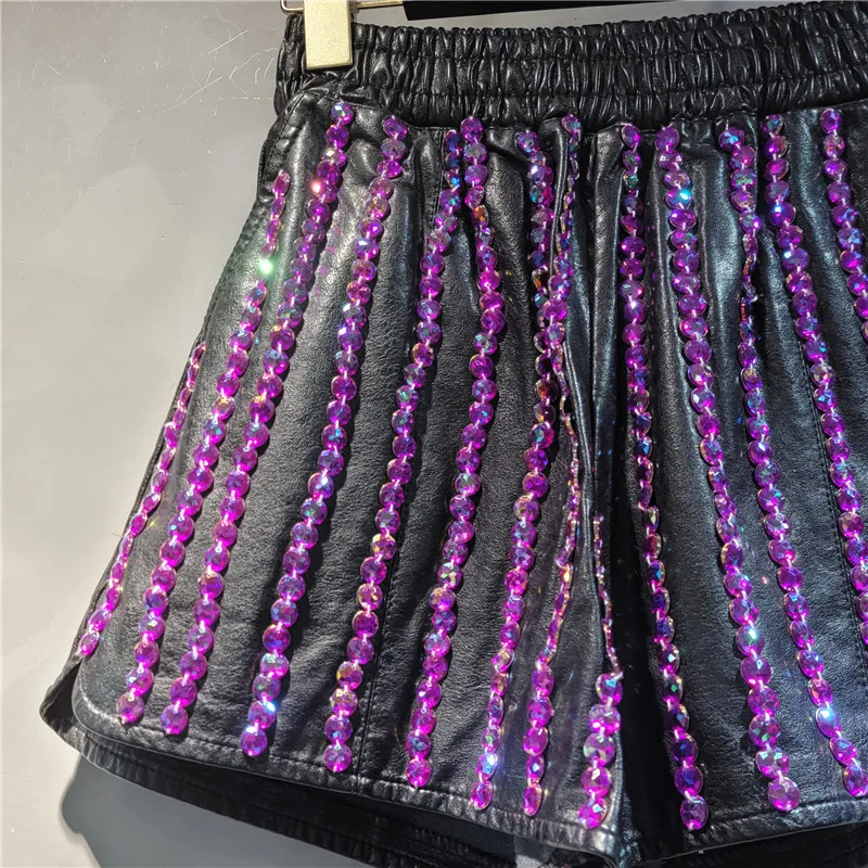 Europese goederen zware industrie handgenaaide paarse diamanten shorts dames wijde pijpen zwarte leren broek herfst bovenkleding shorts