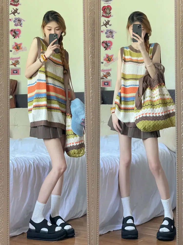 

Women Knitting Vest Rainbow Striped Knitted Vest For Women With Summer Design Sense, Niche Loose Fitting Sleeveless Top