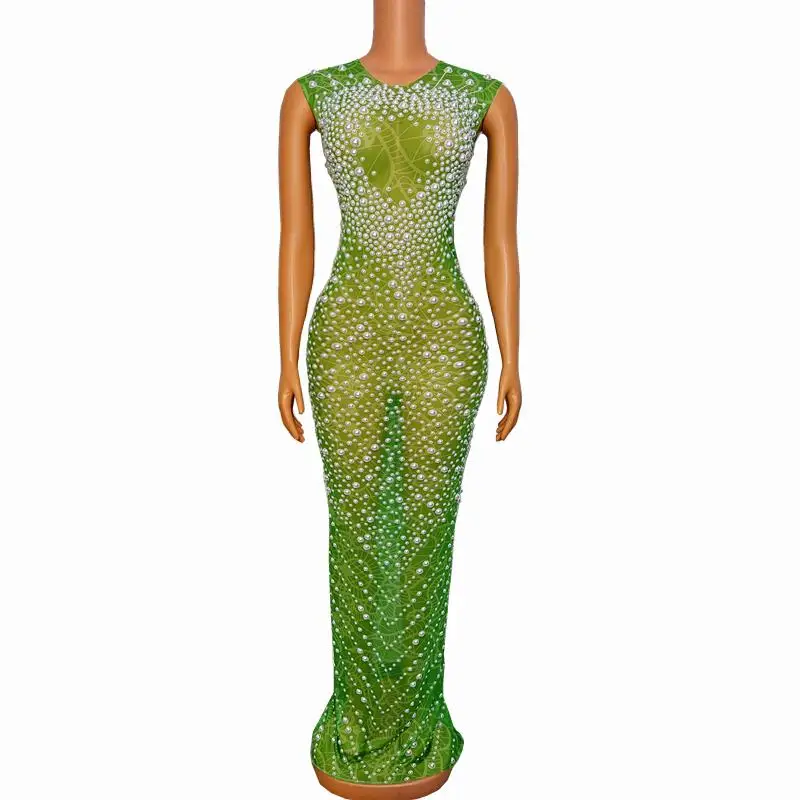 

Fashion Green Print Pearl Prom Celebrate Evening Party Mesh Long Dress Women Singer Concert Model Catwalk Sexy Dance Costume