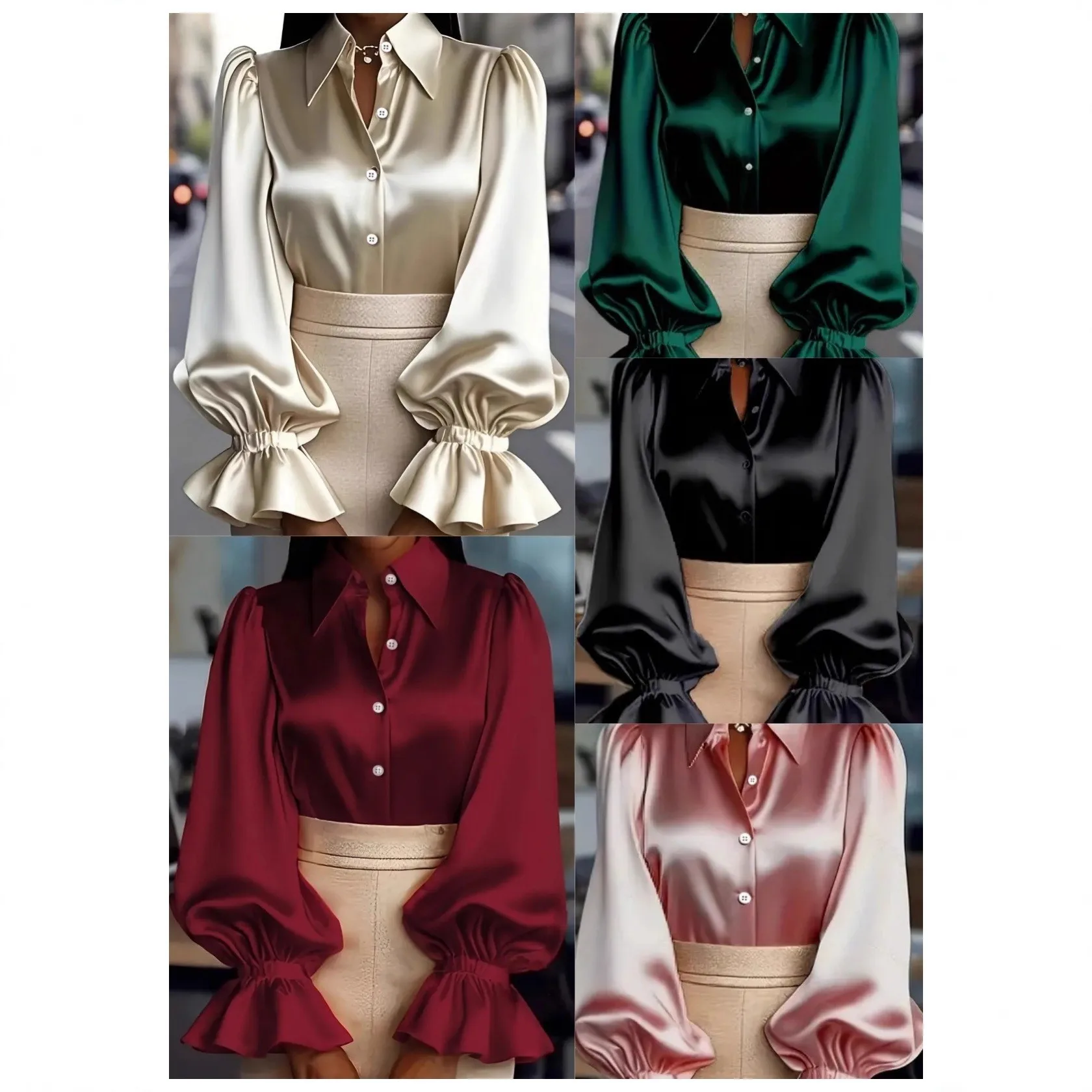 

Fall Women's Clothing Solid Color Long Sleeve Blouse With Puff Sleeves And Notched Collar Office Wear Polyester Satin Top