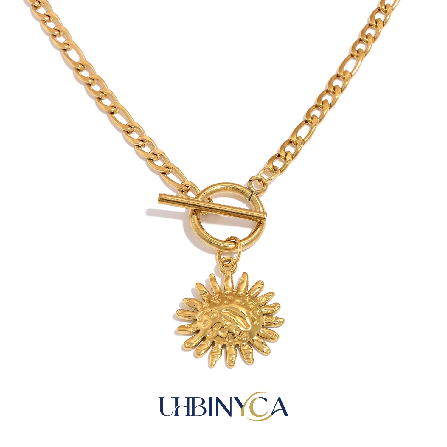 Sun Pendant Necklace Figaro Chain, 304 Stainless Steel Gold Plated, Waterproof Daily Statement Fashion Jewelry for Women