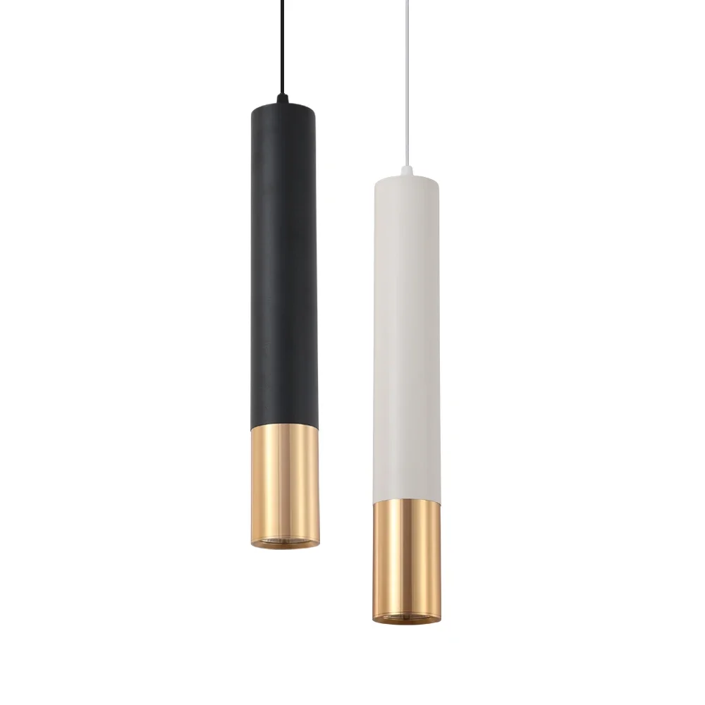 

Modern Simple Long Tube GU10 Replaceable Black White Gold LED Pendant Lamp Indoor Kitchen Island Bar Hanging Light