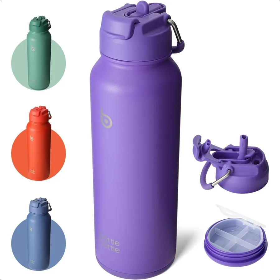

40 oz Stainl Steel Insulated Sports Water Bottle with straw and pills holder