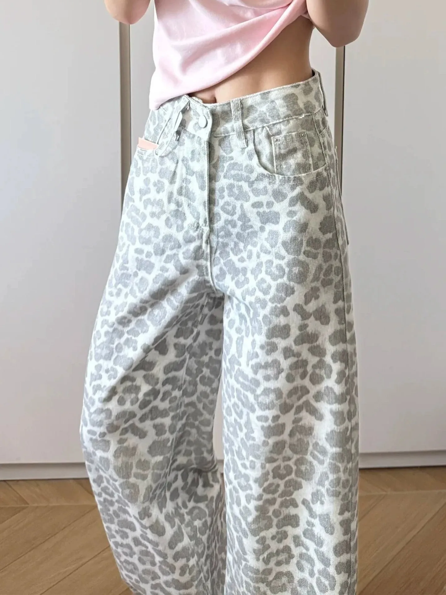 New High Street Leopard Print Jeans Women Retro Fashion Versatile High Waist Wide Leg Denim Pants American Casual Loose Trousers