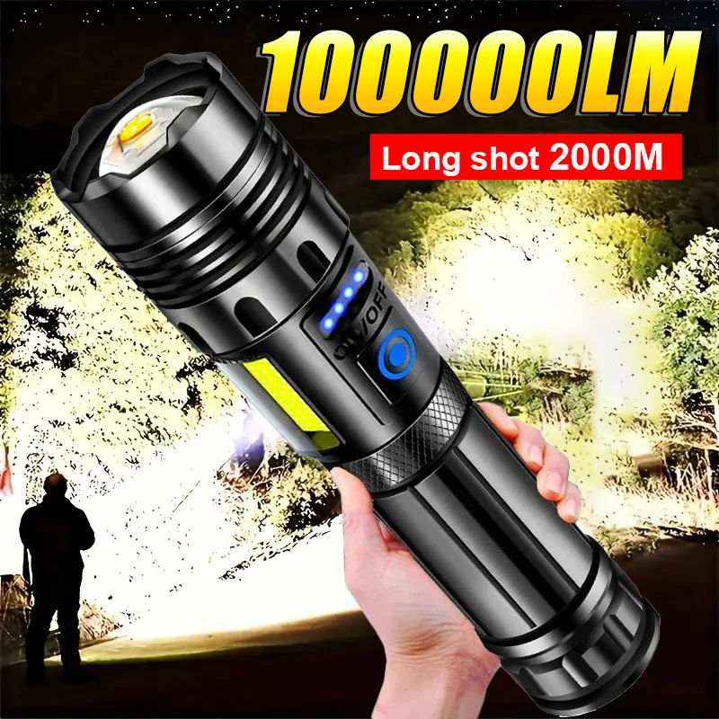 100000LM High Power LED Flashlights Rechargeable Powerful Flashlight 2000M Long Range Torch Tactical Lantern Hand Lamp