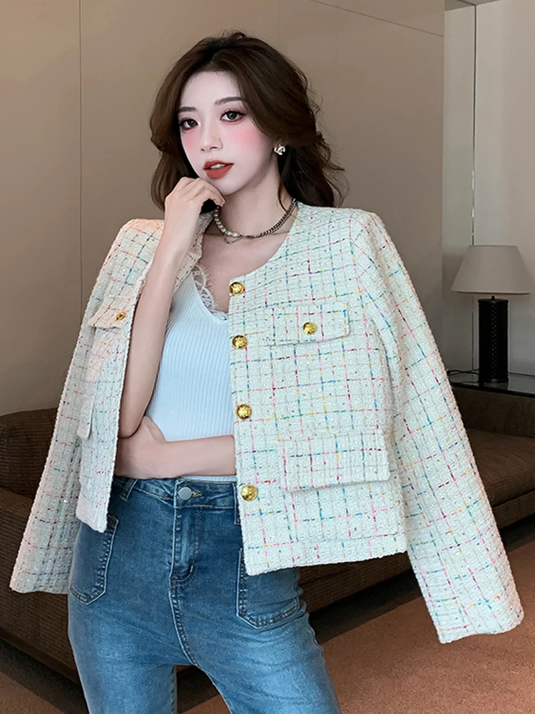 Autumn Elegant Golden Buttons Crop Jacket Women Korean Fashion O Neck Plaid Tweed Coat Pockets Office Chic Short Coats Female