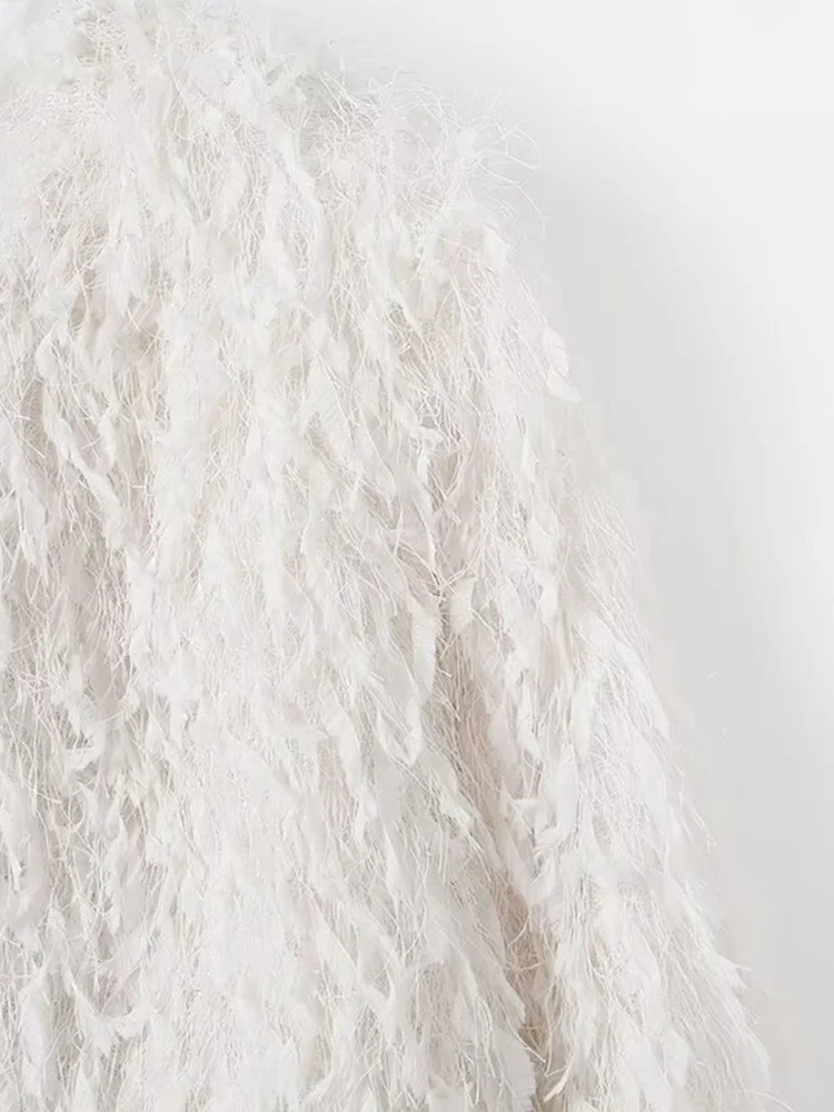 معطف نسائي جديد على الطراز الأوروبي أنيق ومتعدد الاستخدامات بأكمام طويلة مع زخارف من الريش وخيط معدني. #4