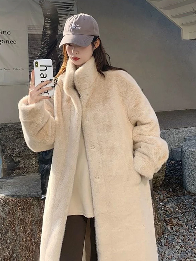 

Зимнее толстое пальто из искусственного норкового флиса, женская корейская свободная куртка миди с воротником-стойкой Y2K, уличная одежда с длинными рукавами, пушистая волосатая верхняя одежда