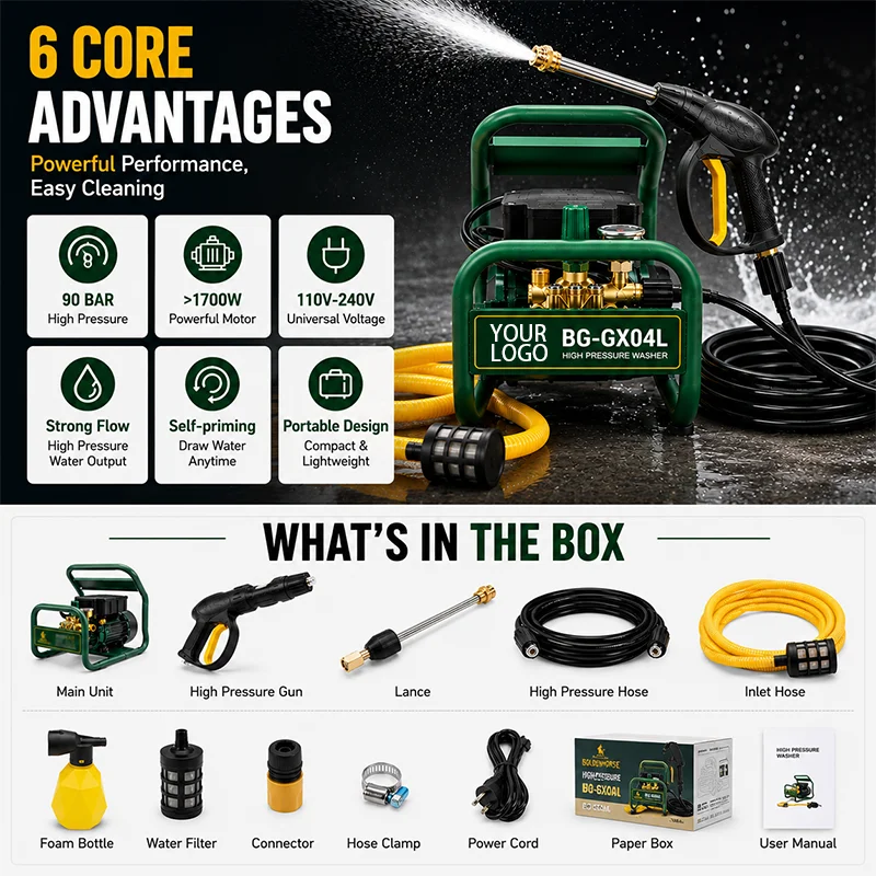 90Bar、1800Wの出力を持つ、持ち運び可能な自動高圧洗 - Pressure Washer Foam Gun のレビューと価格