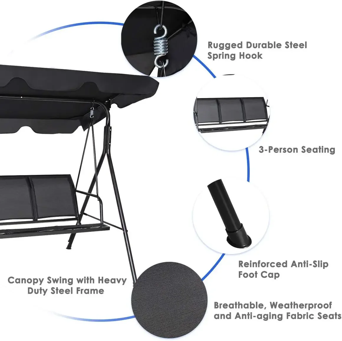 أرجوحة فولاذية بإطار فناء ، مظلة بزاوية بوليستر قابلة للتعديل ، مقعد متأرجح مقاوم لجميع الأحوال الجوية ، مناسب للفناء ، 3 أشخاص
