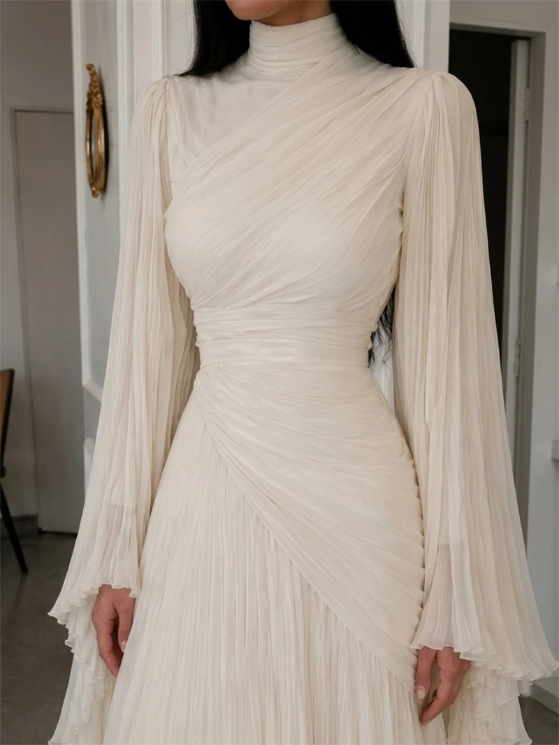Xijun Modest Gelbe Chiffon-Abendkleider mit langen Ärmeln, Cape-Ärmeln, lange Ballkleider, A-Linie, plissierte Ballkleider, individuell gestaltet – Detail 7