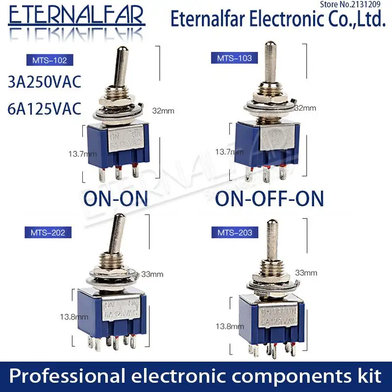 SPDT Toggle Switch 3A250V 6A125VAC MTS-103 Mini 3PIN ON-OFF-ON Rocker Switches Lights Motors Button Rocker Arm Single Connection