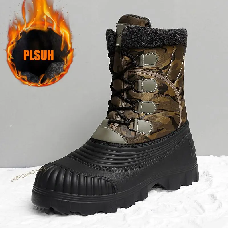 New Men Winter Boots Plush Fleece Durable Non-Slip Lace-Up Thick Sole Male Shoes Outdoor Warm Luxury Ankle Boots