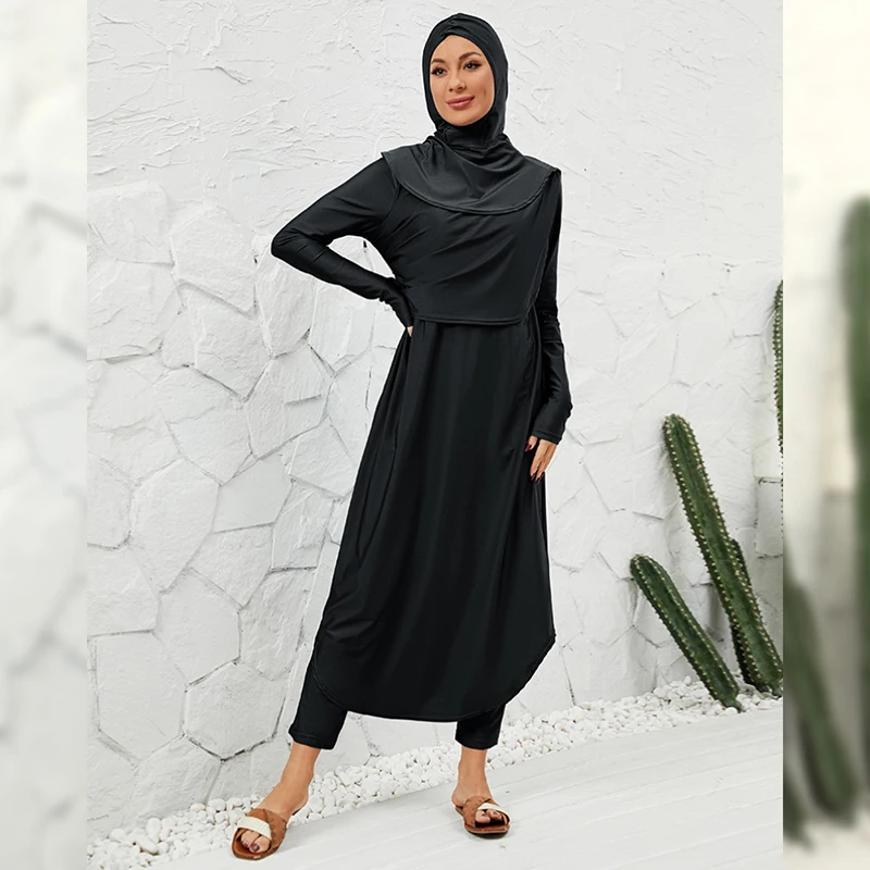 Burkini manga comprida Split Swimwear, Três Peças de Natação Cap, Mergulho Surf Swimsuit, Outdoor Swimwear muçulmano, Proteção solar, Novo