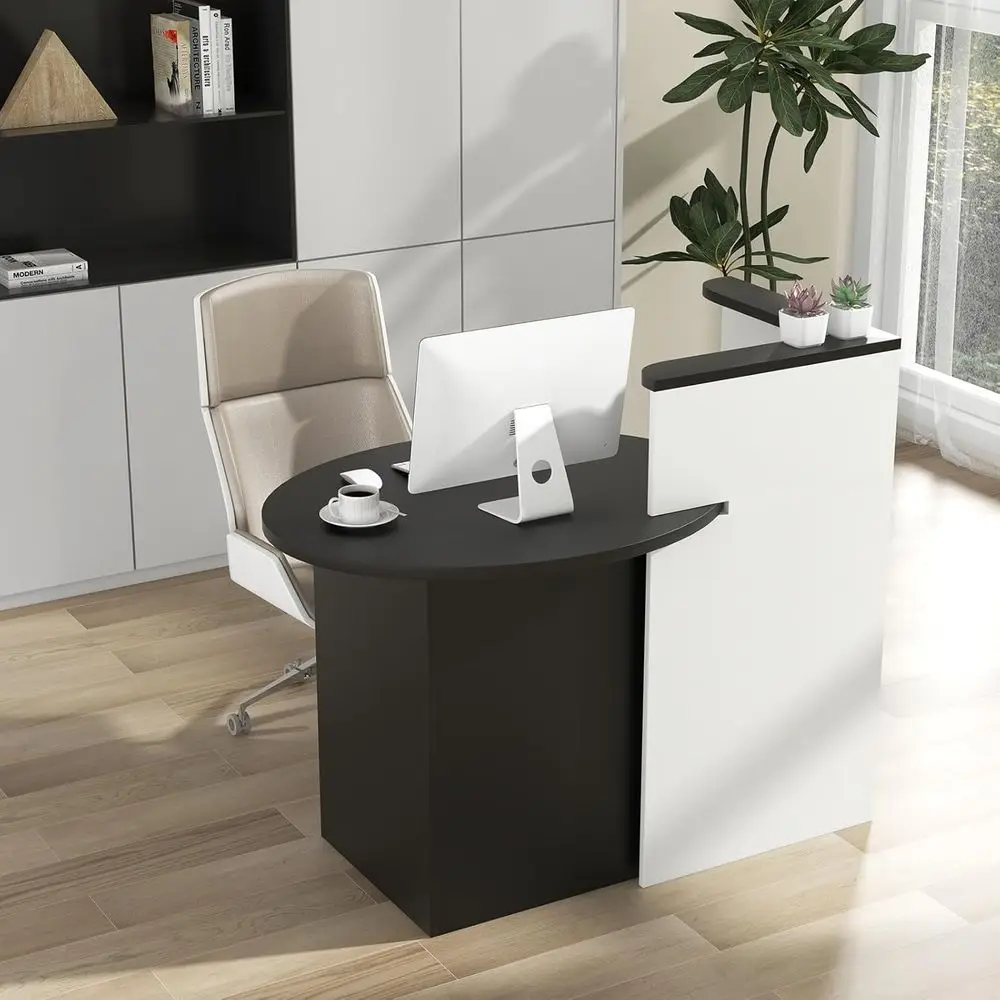 طاولة بيع بالتجزئة مقاس 48 بوصة مع درج قابل للقفل ورف تخزين، وطاولة استقبال على شكل حرف L، ومكتب كمبيوتر خشبي للصالون والمطعم، والإيقاف #4