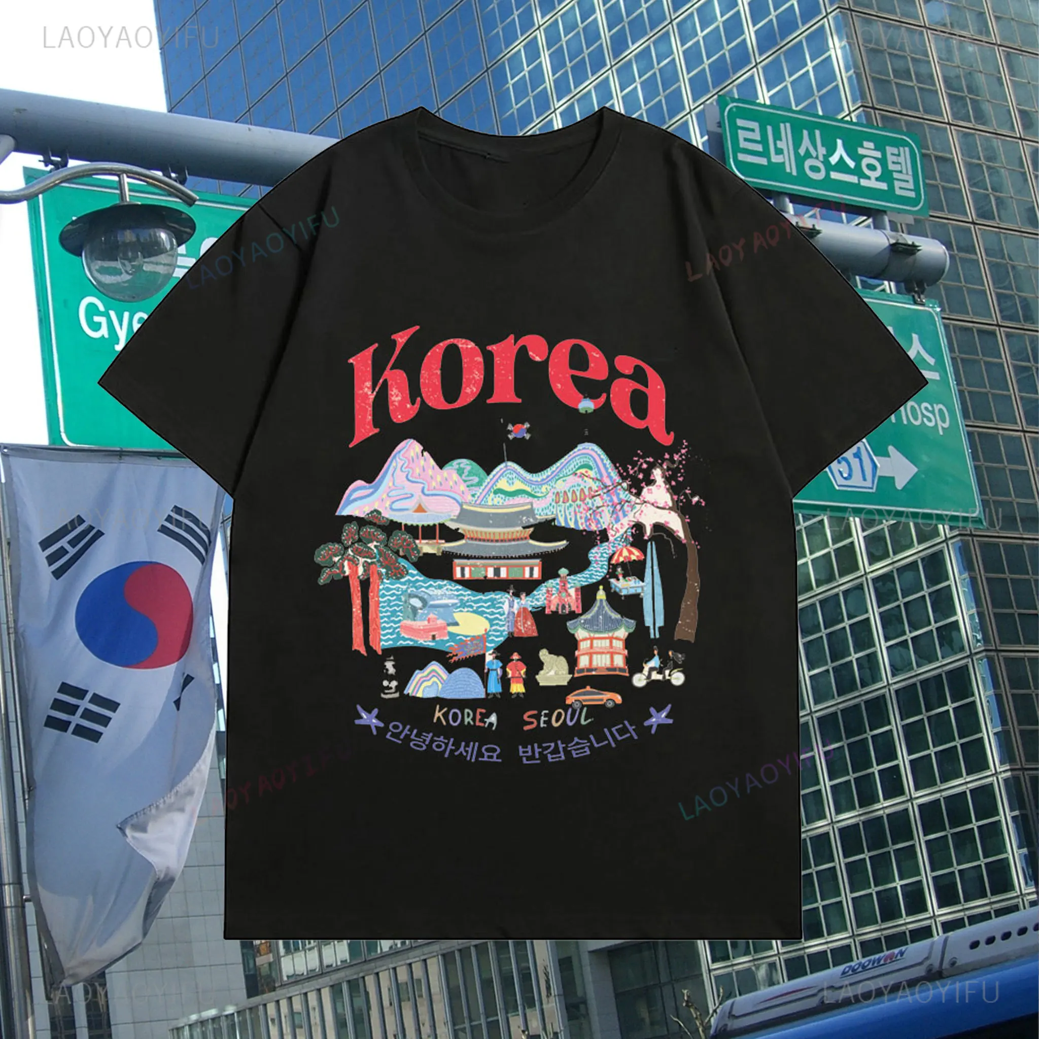 Seoul Lovely Travel Card Design Sights and Attractions of South Korea Tshirt Korean Korea Flag Souvenir Cotton Unisex T-Shirt