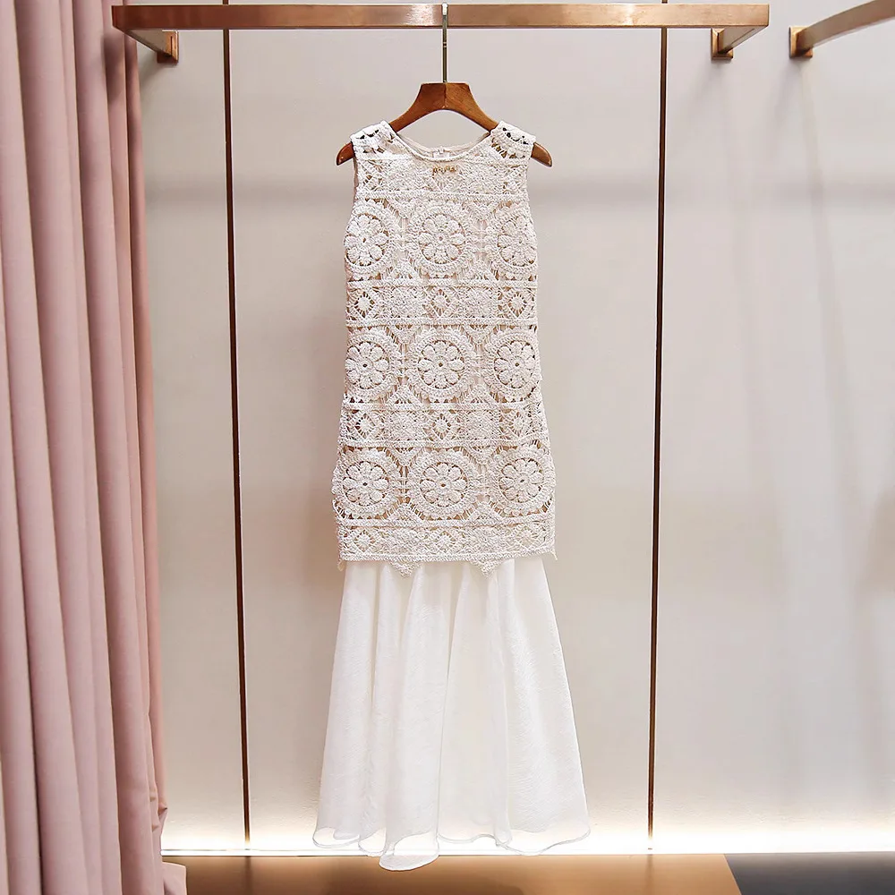 High-end feminino verão nova flor de gancho em camadas saia oco colete de malha dr fem faion commute sle meados de cintura