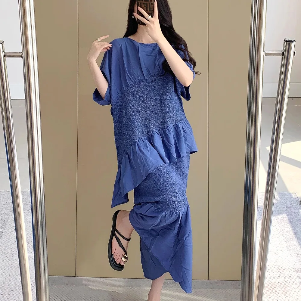 

Miyake Pleated 2 Pieces Set for Woman 2025 Summer Premium Sense of Simplicity Pleated Irregular Top Half-body Skirt Set