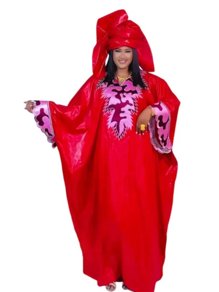 

2025 Plus Size African Clothes for Women African Dashiki Ankara Bazin Riche Design Red Wedding Party Dresses with headscarf