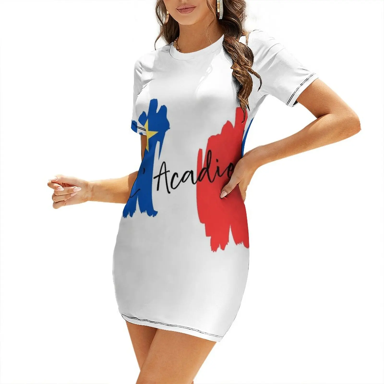 

Acadie, Acadian Flag, Blue White Red Short Sleeved Dress summer dress for women 2025 womans clothing women's fashion dresses