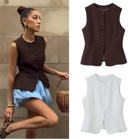 Elegant Solid Suit Waistcoat Women Round Neck Front Button Sleeveless Slim Office Casual Layering Blazer Vest 260701