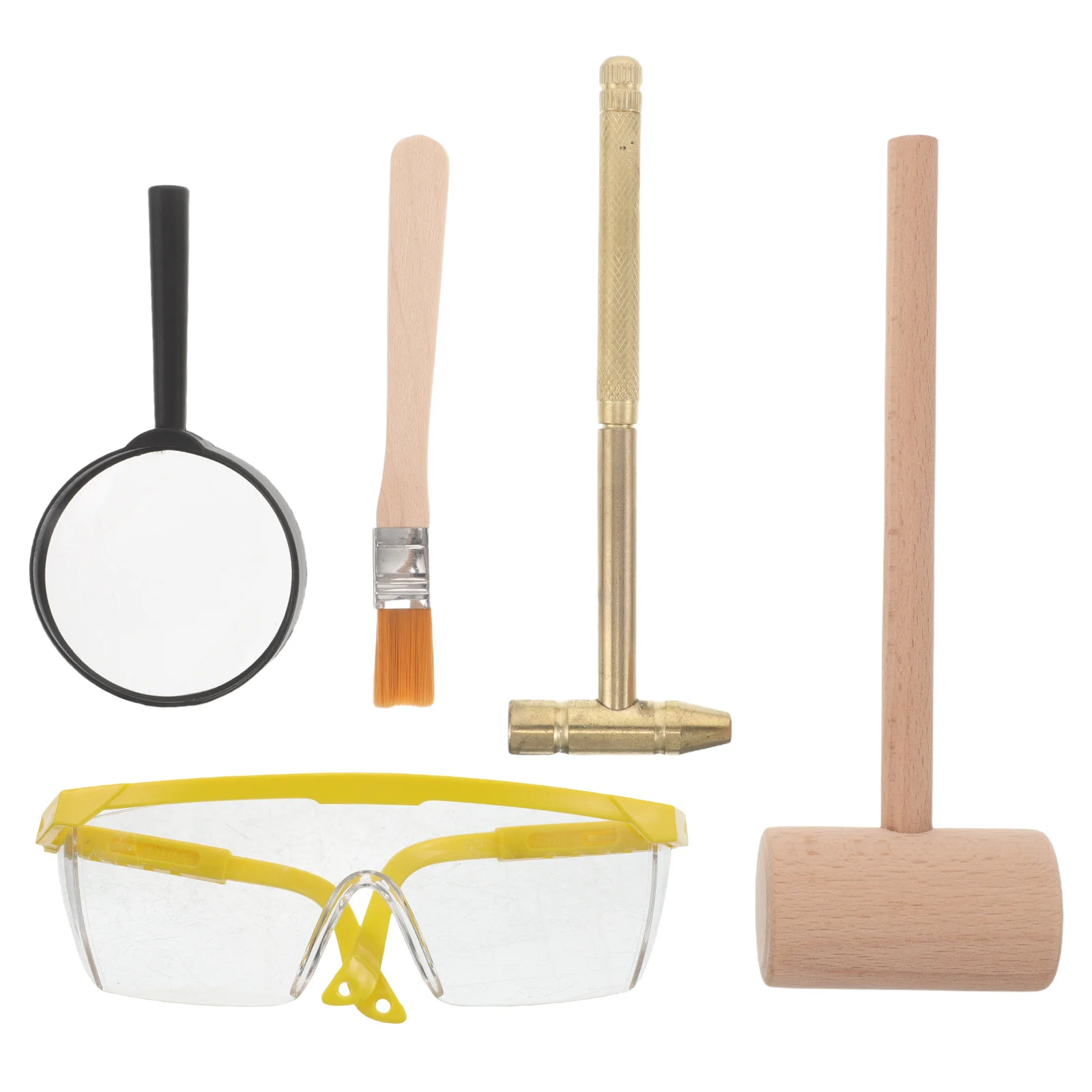 

1Set Archaeology Excavation Kit Wooden Hammer Metal Hammer Safety Glasses Magnifying Glass Brush Pretend Digging Exploration