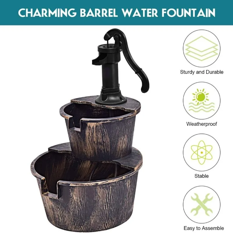 Garden outdoor landscape decoration fountain double-layer plastic imitation wooden barrel solar fountain running water
