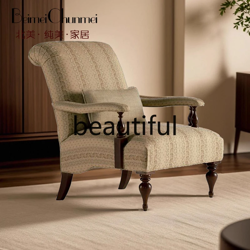 

American retro tiger chair casual striped high backrest cotton and linen fabric single sofa lazy sofa