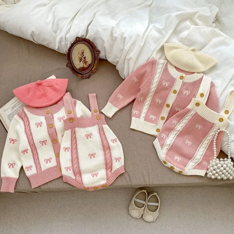 

Cute Newborn Baby Girl Autumn Clothes Long Sleeve Knitted Bow Sweater Cardigan Tops Knitwear Strap Romper 2PCS Warm Outwear 0-3Y