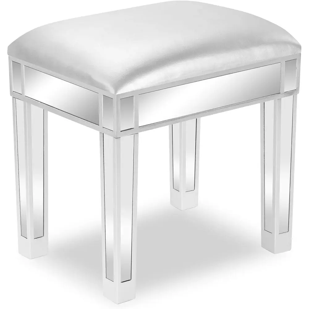 

Mirrored Vanity Stool with Storage, Leather Ottoman, Makeup Dressing Table Bench, Silver