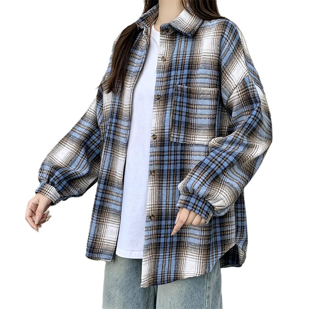 Womens Oversized Plaid Shirt Coat with Long Sleeves Turn-Down Collar Ideal for Beach Cycling or Holiday Outings