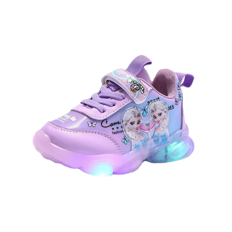 Disney LED Casual Sneakers per ragazze primaverili Frozen Elsa Princess Print scarpe in pelle Pu scarpe antiscivolo illuminate per bambini