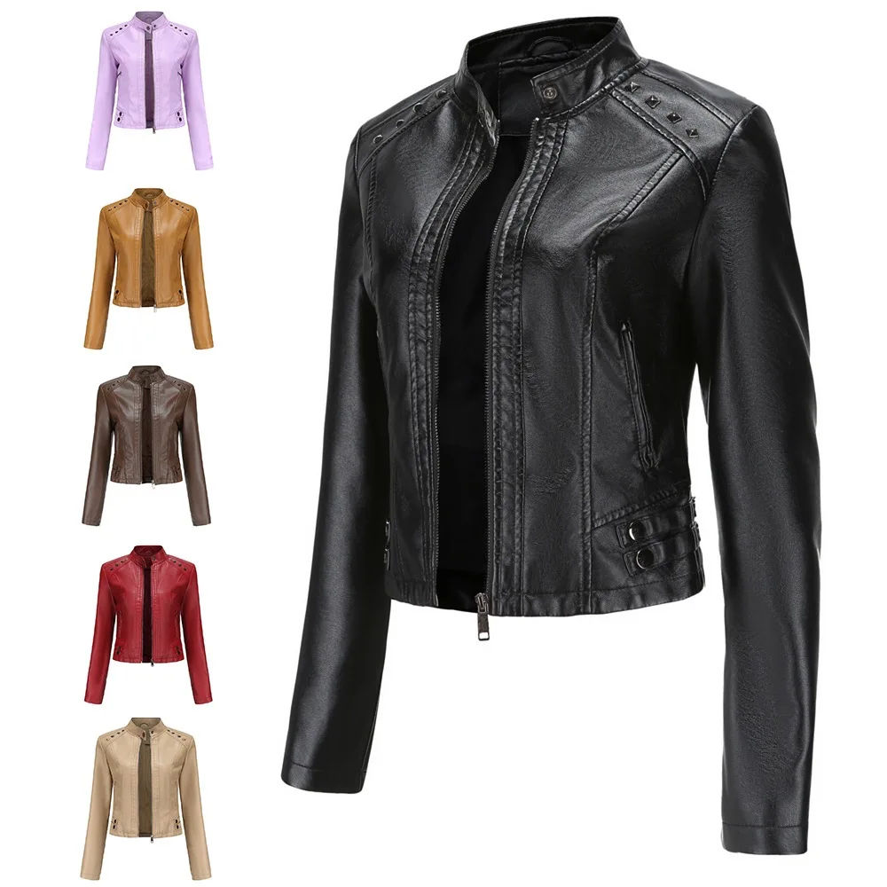 Women's New Spring Autumn Rivet Stand-Up Collar Long Sleeve Fashion Leather Jacket