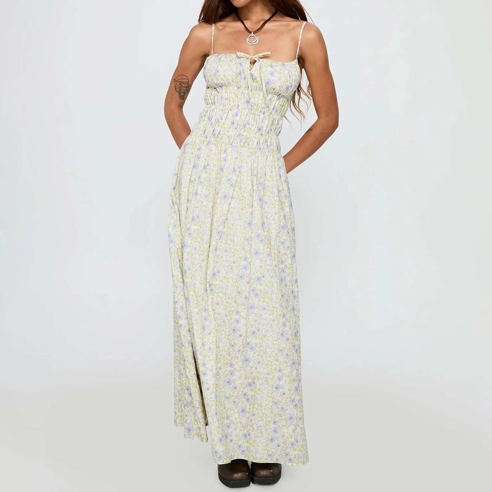 Abito lungo smock da donna di nuova moda senza maniche con cinturino per spaghetti a righe con stampa floreale abito da vacanza S-XL