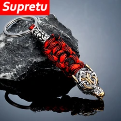 Punk Men Vikings Wolf Head Survival Keychain Stainless Steel Norse Celtic Wolf Outdoor Paracord Rope Keyring Handmade Jewelry