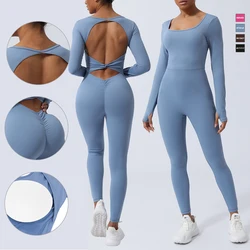 Women Fitness Jumpsuit Backless Long Sleeve Tights Yoga Set Running Training With Padded Sport Set