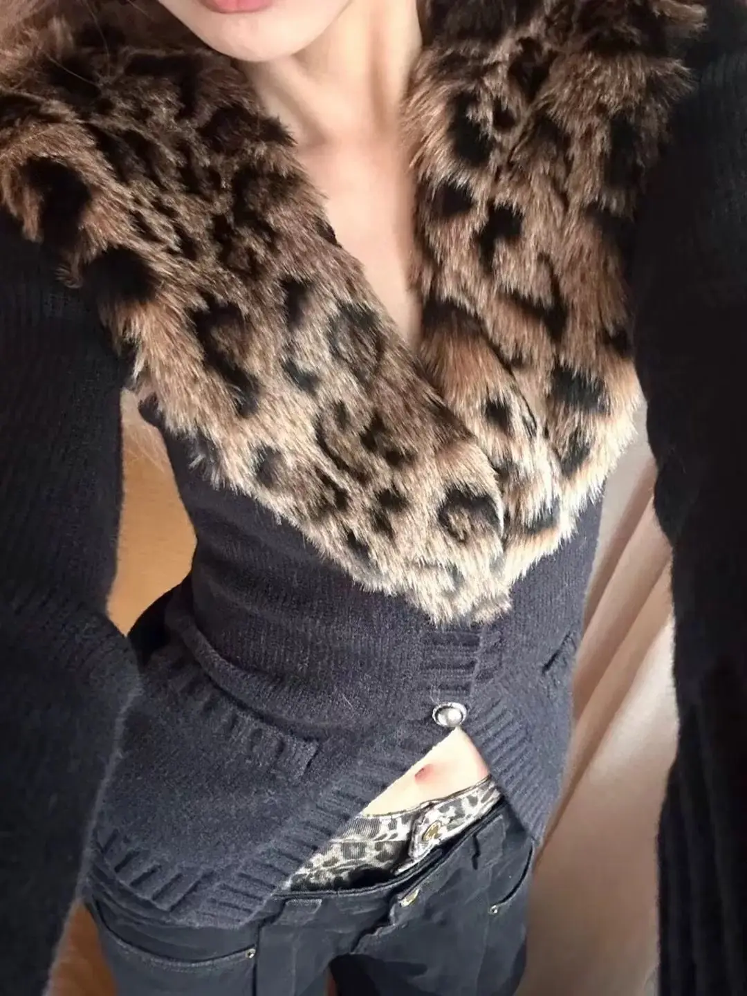 European American Retro Single Breasted Bodycon Sweater Removable Leopard Print Fur Collar Cardigan Spice Girl Slim Knit Y2k Top