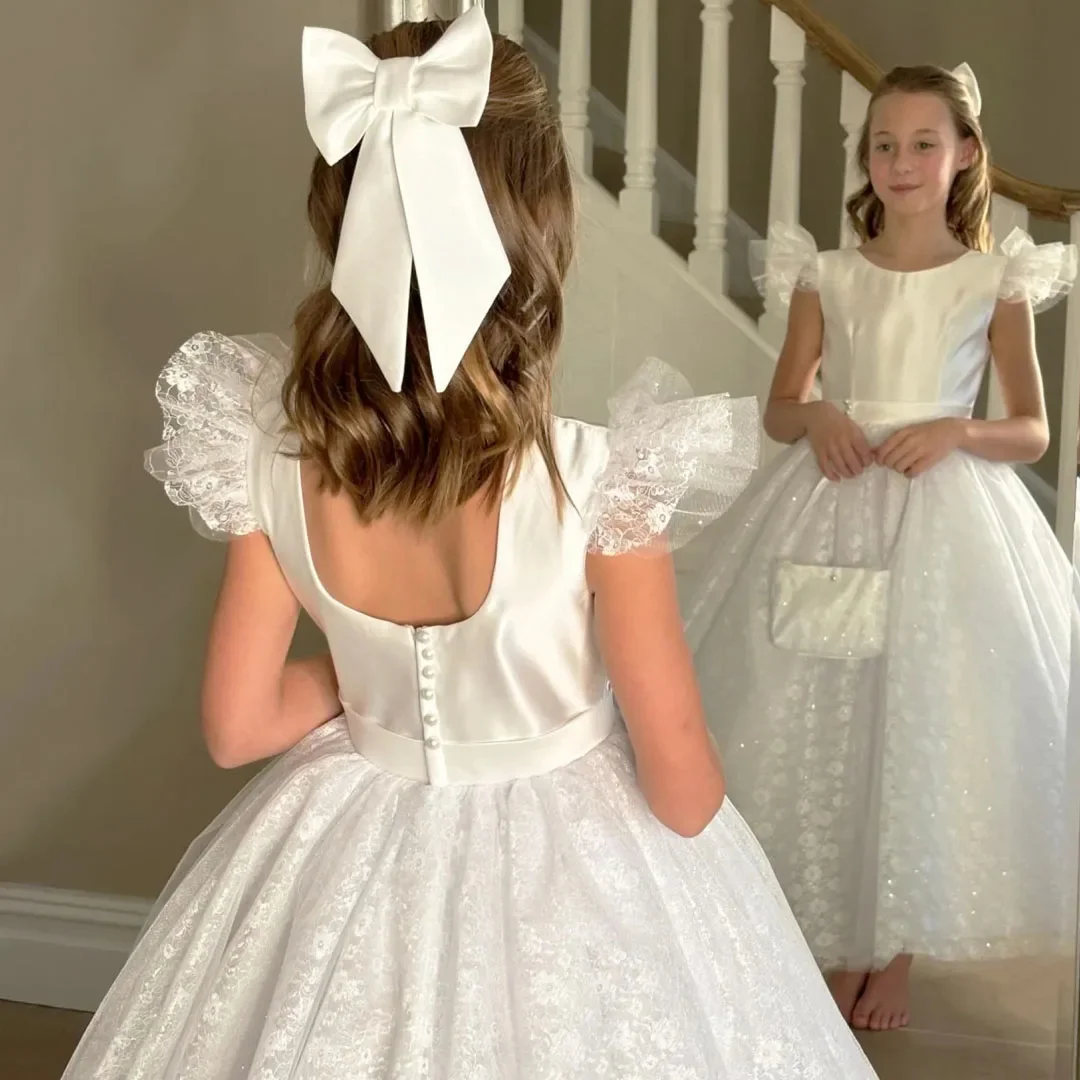 

Elegant White Flower Girl Dress For Wedding Tulle Appliques Floor Lenght Kids Birthday First Communion Gown Customized