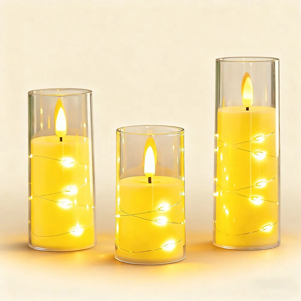 3 قطعة شموع LED عديمة اللهب مع سلسلة نجمة مدمجة تعمل بالبطارية شموع وامضة LED للديكور المنزلي