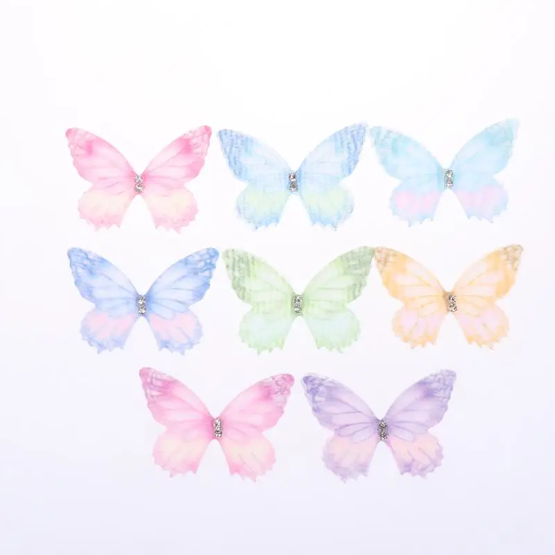 New 50Pcs 3D Organza Fabric Butterfly Appliques Gradient Color Double-layer Simulation Mesh Butterfly Patch Translucent
