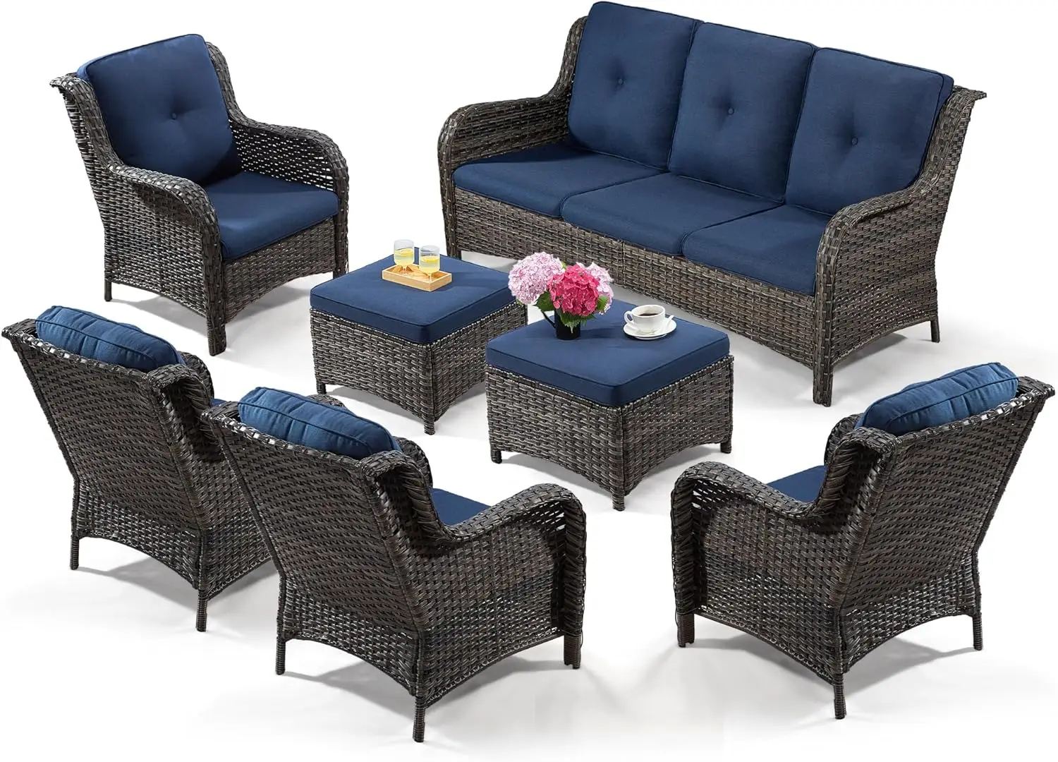 

5 Pieces Patio Conversation Set, Wicker Chairs Set of 2, A 3-Seat Sofa and Two Ottomans with 3.5-inch Seat Cushions for Backyard