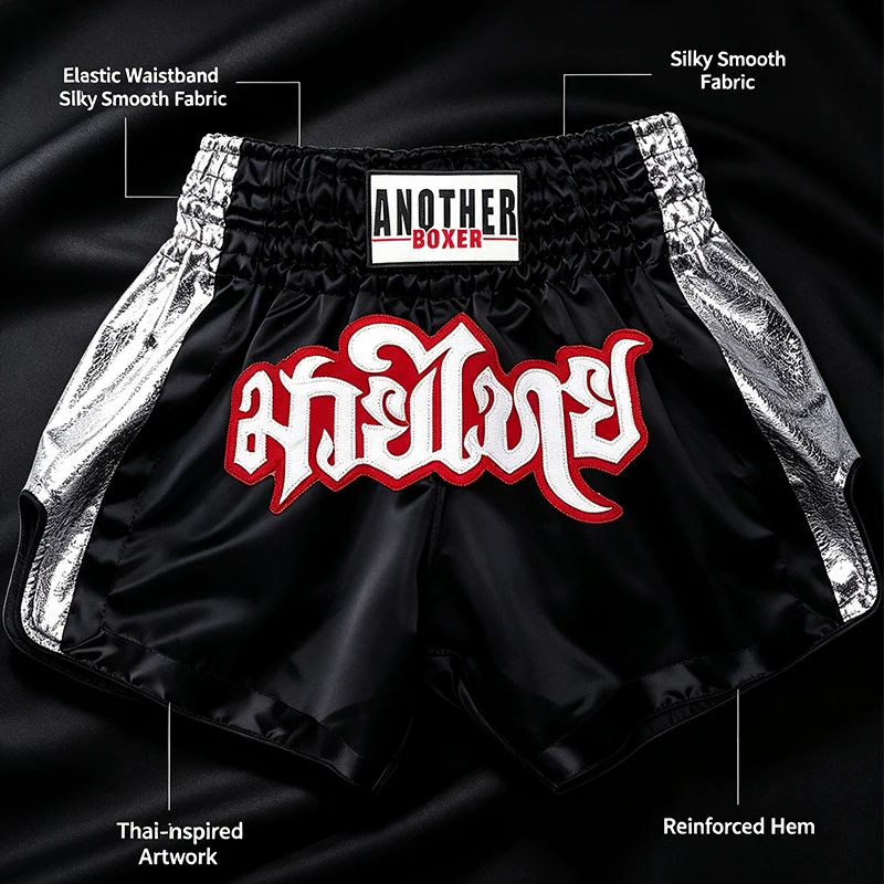 Muay Thai Shorts for Men Women Kids Shiny Satin Kickboxing Shorts Metallic Silver Side Panels Elastic High Waist Boxing Shorts