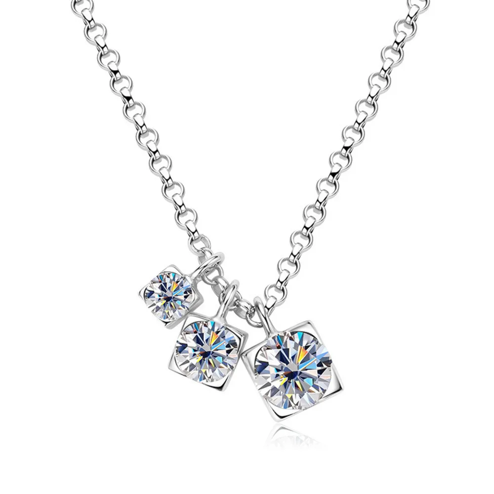 925 Sterling Silver Three Cushion Cut Cluster Pendant Necklace D VVS1 Moissanite Stackable Fine Jewelry For Women